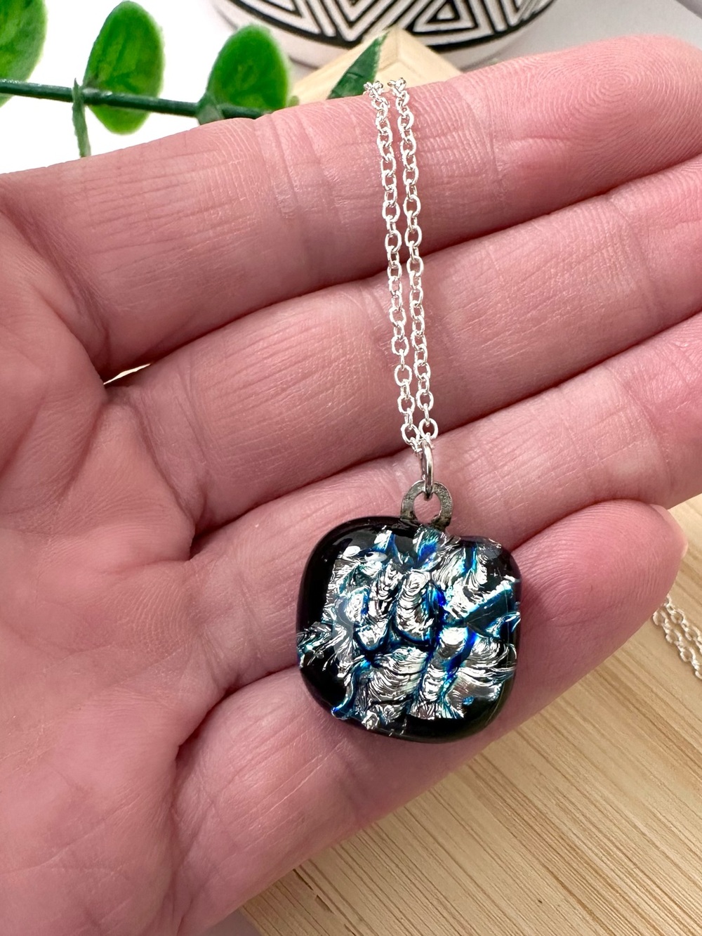 🤍Dichroic Glass Pendant Necklace - Black, Silver & Blue